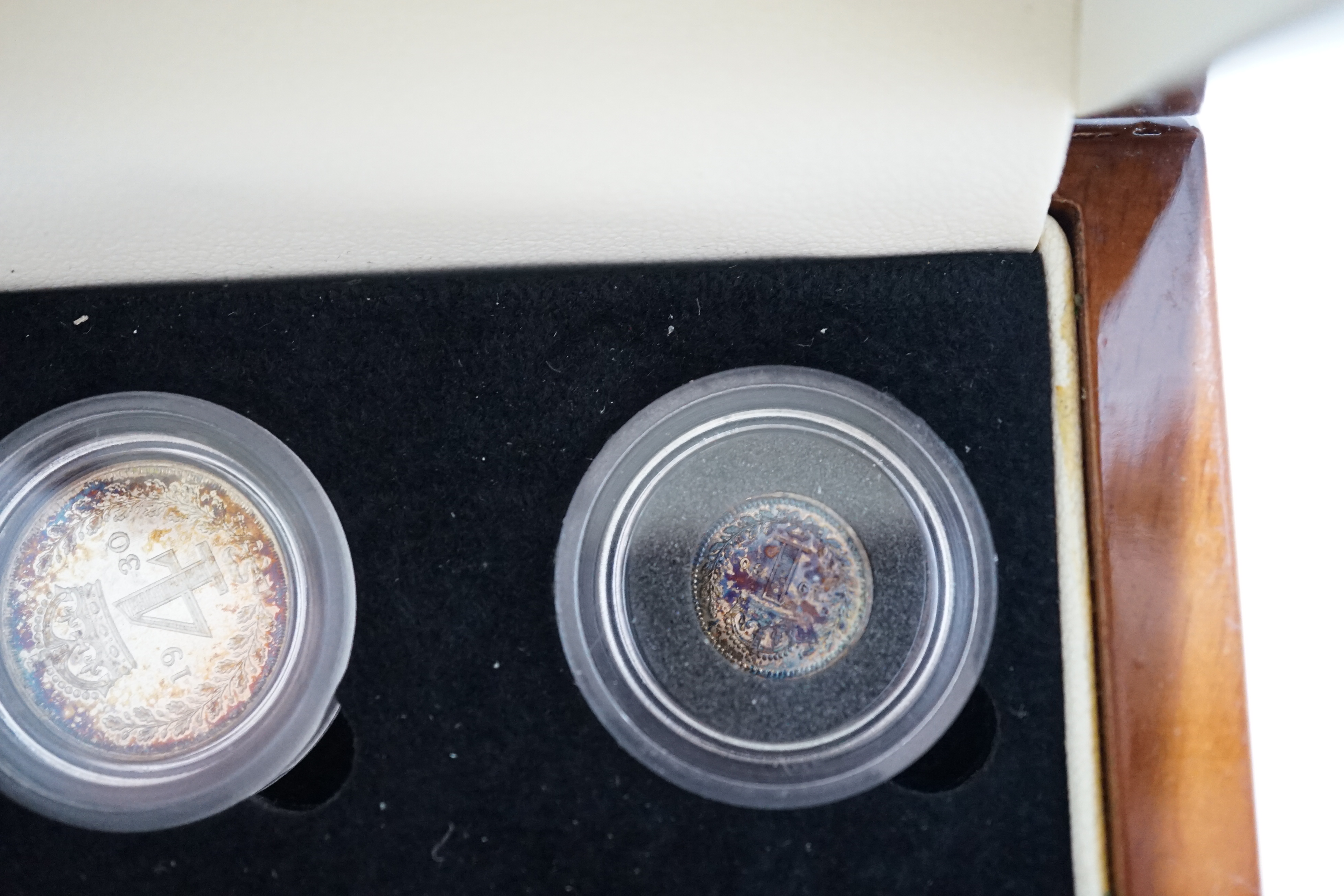 British silver coins, George V four coin set of Maundy coins, toned UNC, in London Mint case